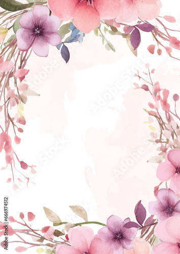 Pink white and purple violet watercolor hand painted background template for Invitation with flora and flower