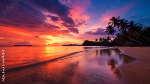 A breathtaking summer evening scene with a striking sunset over a tropical beach on Koh Mak Island, Trat, Thailand, highlighting the picturesque sea and island views