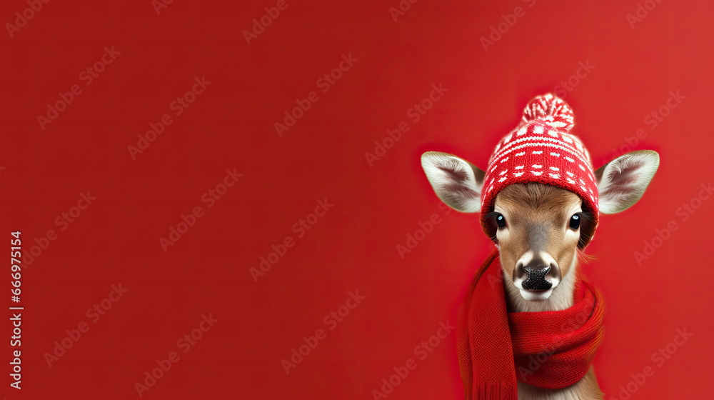 Cute Reindeer with Red Nose Against Orange: Perfect for Christmas festivities and holiday themes | Isolated with empty space for copy. - obrazy, fototapety, plakaty 
