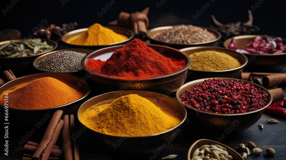 indian organic spices and herbs top view for food cuisine