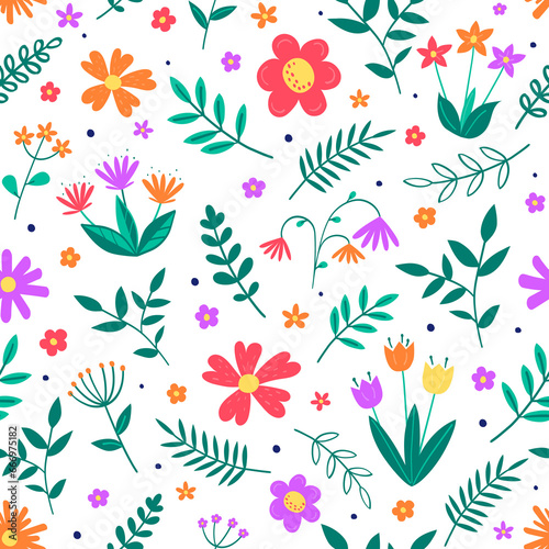 Floral seamless pattern. Transparent spring background with colourful hand drawn flowers and leaves. PNG. Vector illustration