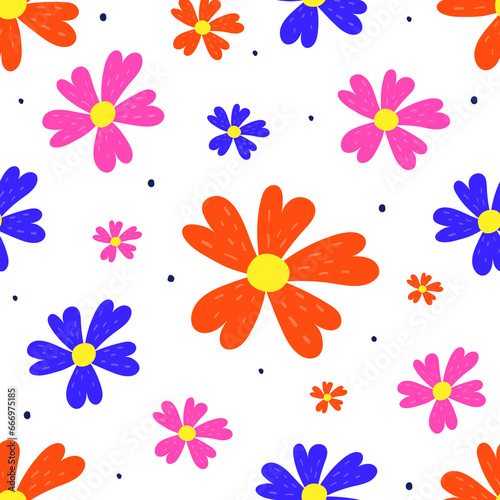 Floral seamless pattern. Transparent spring background with blowing flowers and leaves. PNG illustration