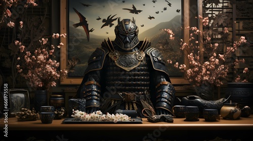Suit Armor of Samurai display on the table with japanese background photo