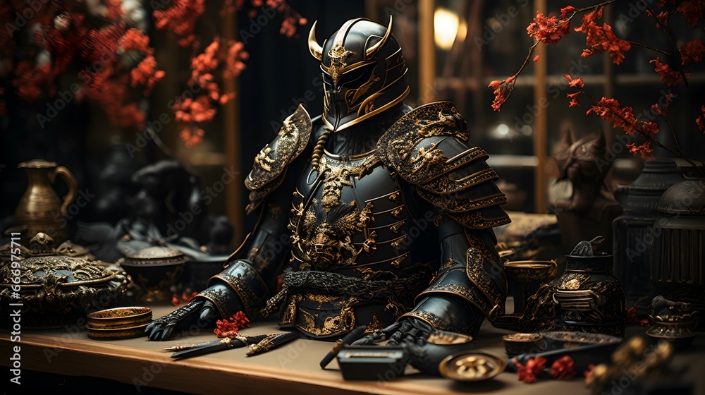 Fototapeta premium Suit Armor of Samurai display on the table with japanese background