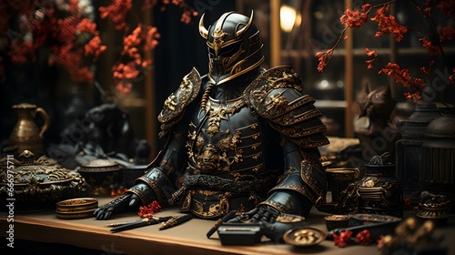 Suit Armor of Samurai display on the table with japanese background
