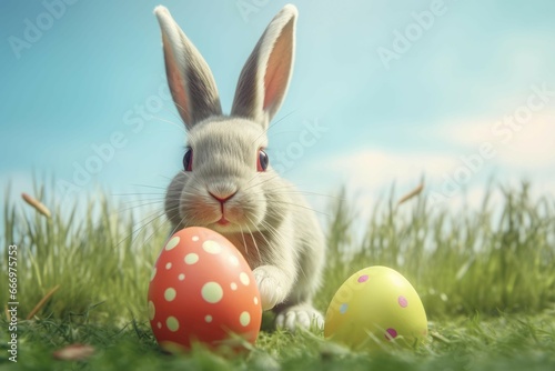 Rabbit holding easter colorful egg. Nature outdoor green grass animal. Generate Ai