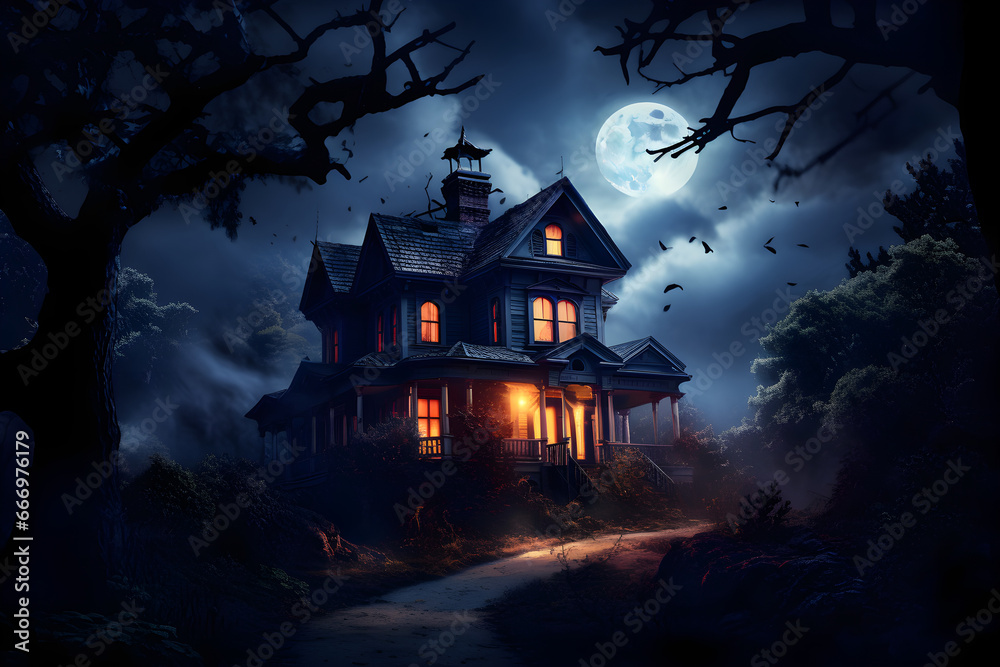 Haunted house in the dark with huge moon