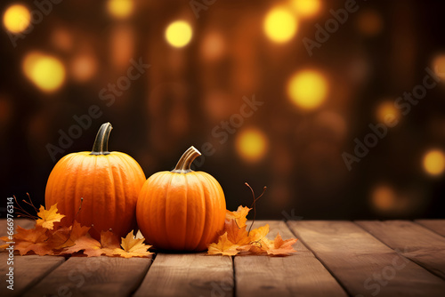 Orange pumpkins on wooden table, blurred bokeh background. Empty template with copyspace