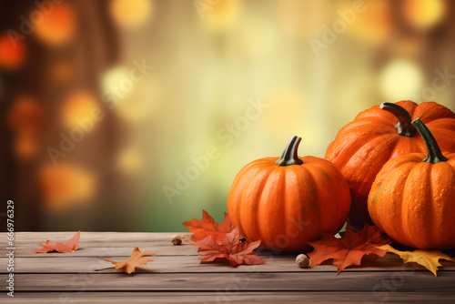 Orange pumpkins on wooden table  blurred bokeh background. Empty template with copyspace