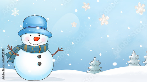 The snowman is standing outside, it's snowing