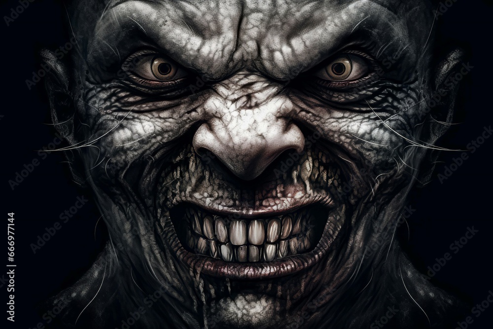 Scary evil face grimace zombie. Fear male indoor costume person. Generate Ai Scary evil face grimace zombie. Fear male indoor costume person. Generate Ai