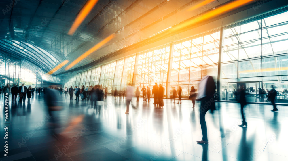 Image of people in the lobby of a modern business center with a blurred background. AI Generated