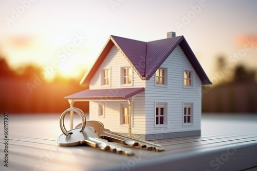 Close up of keys and 3D model house with keychain in background of bright lighting. Real estate concept of security and purchase.