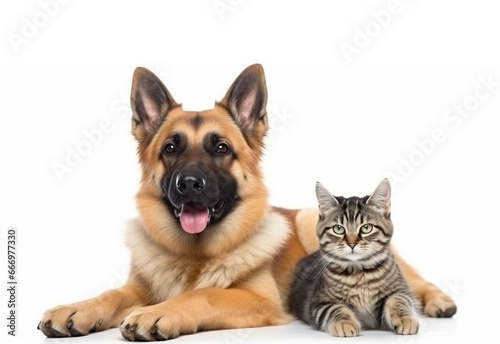 Shepherd dog and cat of British breed on a white background, friends pets concept. Generated AI © Oleksiy