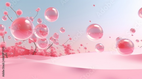 A surreal pink background with floating elements