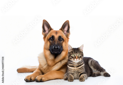 Shepherd dog and cat of British breed on a white background, friends pets concept. Generated AI