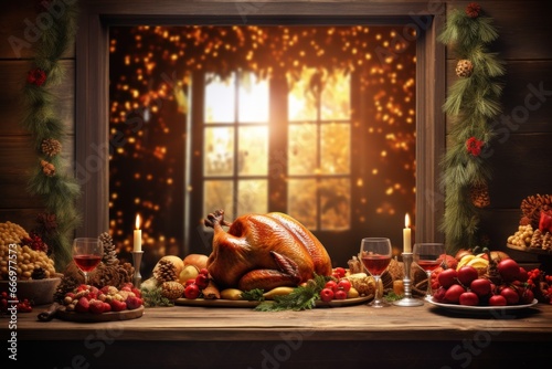 Roast goose stuffed with baked apples in a skillet on a dark wooden background, festive Christmas. Generative AI