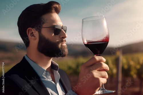 Shot sommelier spinning wine glass. Harvest culture male expert alcohol. Generate Ai