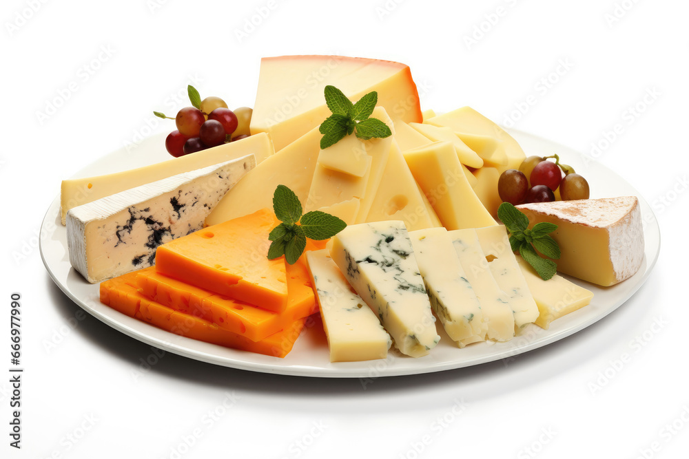 Twelve slices of different kinds of cheese on a cheese plate on white background