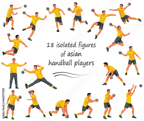 18 figures of Asian handball players and goalkeepers in yellow sports t-shirts jumping, running, catching the ball, standing
