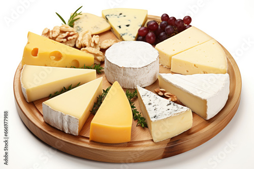 Twelve slices of different kinds of cheese on a cheese plate on white background