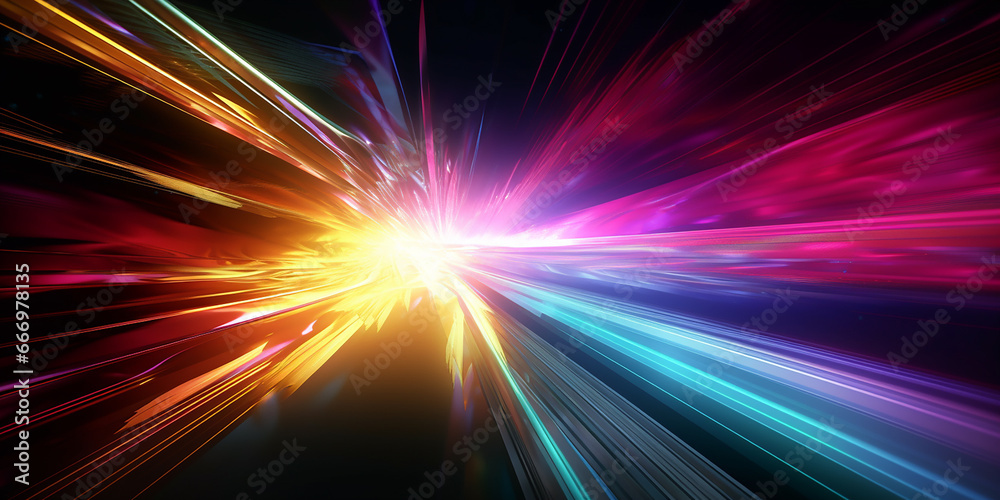 Colorful abstract lights, background with bright rays, made by Generative AI