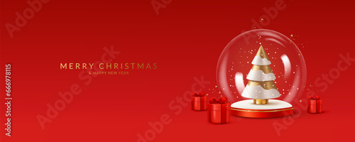 Christmas and New Year greeting card with transparent snow globe, trees, gifts and confetti.