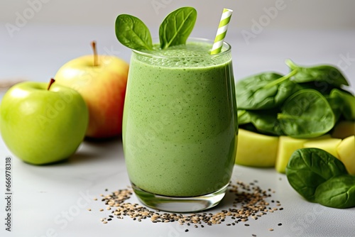 Healthy green smoothie with spinach, apple and chia seeds, Healthy green smoothie with chia seeds, spinach and apple on a light background, AI Generated