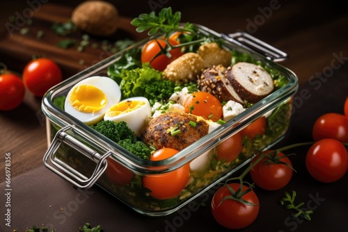 Fresh salad with eggs and meatballs in a glass bowl on a wooden table, Healthy lunch box with quail eggs, quail eggs and vegetables, AI Generated