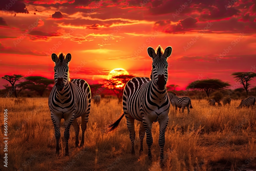 Obraz premium Zebras in the savannah at sunset, Namibia, Africa, Herd of zebras in the savannah at sunset, AI Generated