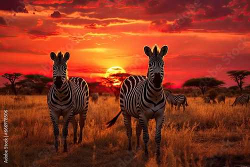 Zebras in the savannah at sunset, Namibia, Africa, Herd of zebras in the savannah at sunset, AI Generated