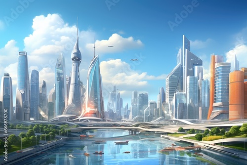 Futuristic city landscape with skyscrapers and high-rise buildings  Highly rendering of modern cityscape with buildings and skyscrapers  AI Generated