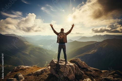 Hiker with arms outstretched standing on top of a mountain peak  Hiker celebrating success on the top of a mountain  Full rear view  high hands over head  AI Generated