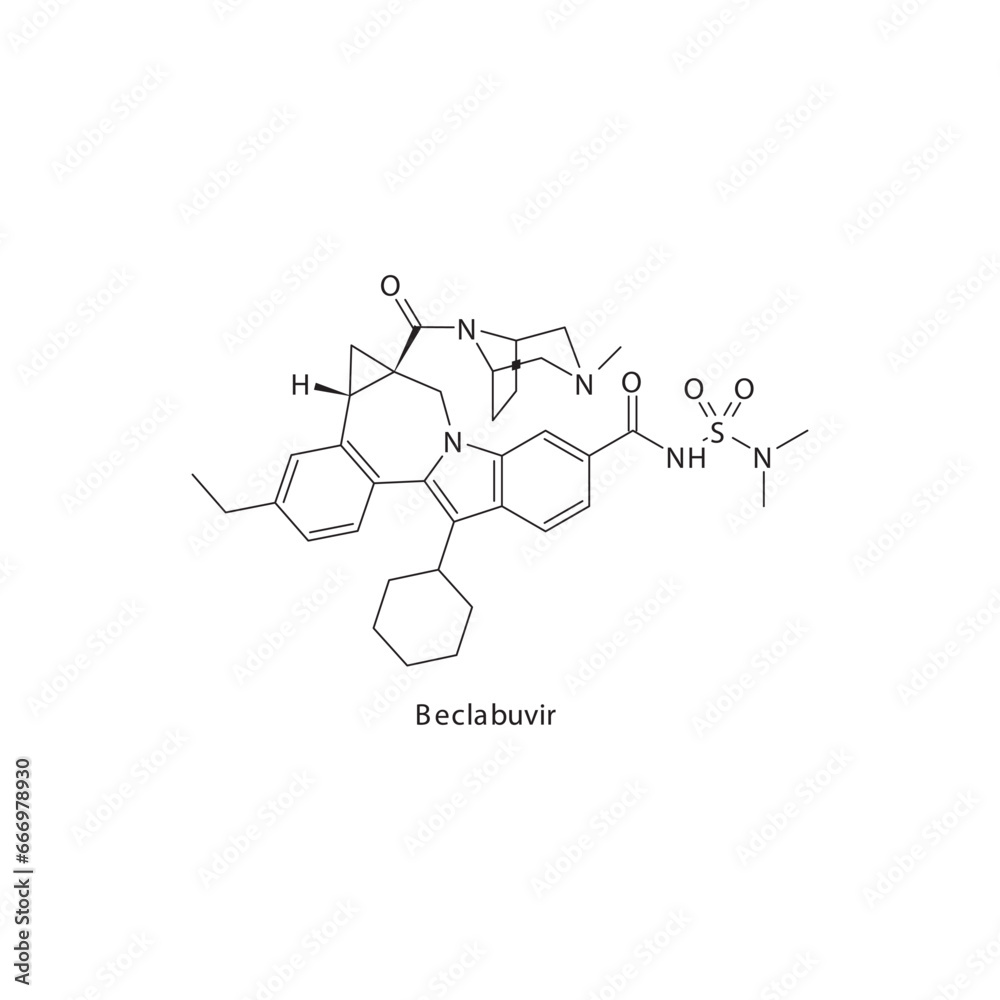 Beclabuvir flat skeletal molecular structure Protease inhibitor antivral, NS5B drug used in Hepatitis C treatment. Vector illustration scientific diagram. Beclabuvir flat skeletal molecular structure Protease inhibitor antivral, NS5B drug used in Hepatitis C treatment. Vector illustration scientific diagram.