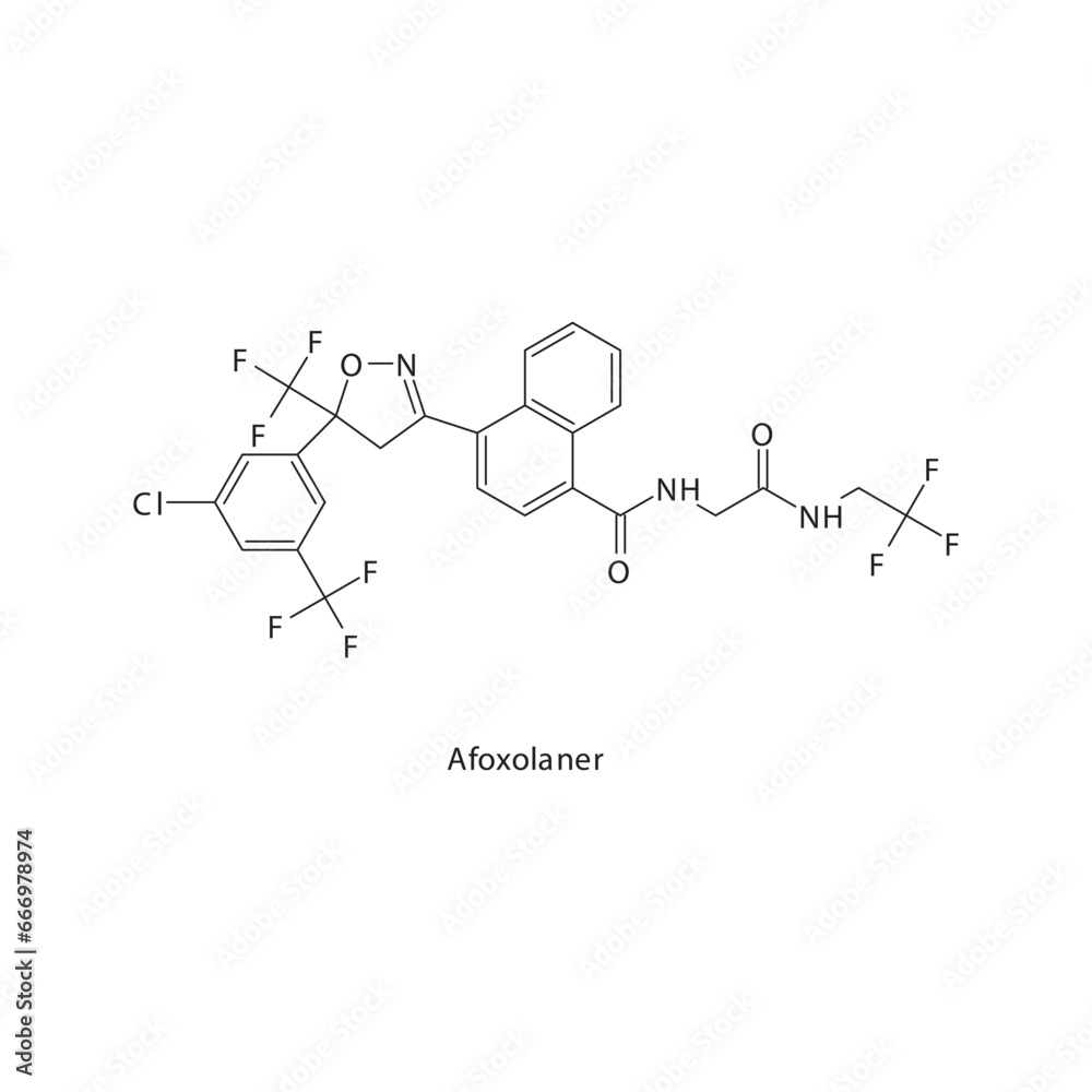 Afoxolaner flat skeletal molecular structure Ectoparasiticide drug used in Tick infestation treatment. Vector illustration scientific diagram. Afoxolaner flat skeletal molecular structure Ectoparasiticide drug used in Tick infestation treatment. Vector illustration scientific diagram.