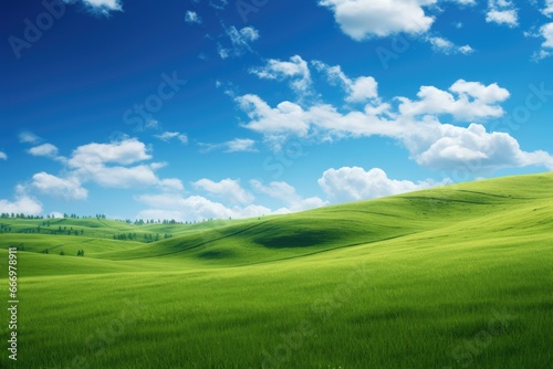 Green field and blue sky with clouds. Nature composition. 3d render, Hilly green landscape view with green grass and beautiful sky, AI Generated photo