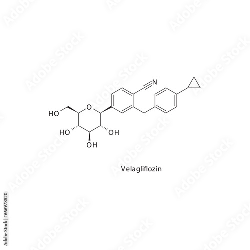 Velagliflozin flat skeletal molecular structure SGLT2 inhibitor drug used in Type 2 diabetes treatment. Vector illustration scientific diagram.