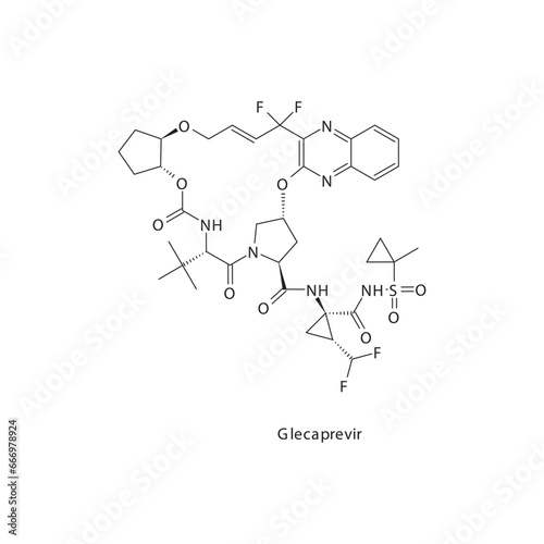 Glecaprevir  flat skeletal molecular structure Protease inhibitor antivral, NS3 4A drug used in Hepatitis C treatment. Vector illustration scientific diagram.