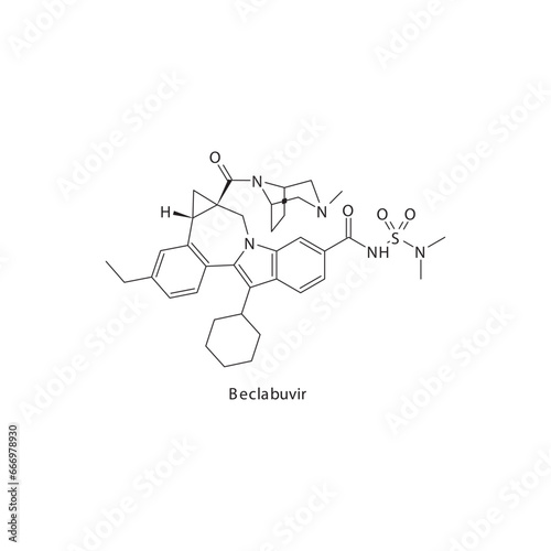 Beclabuvir flat skeletal molecular structure Protease inhibitor antivral, NS5B drug used in Hepatitis C treatment. Vector illustration scientific diagram.