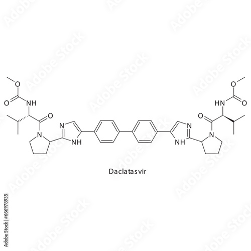 Daclatasvir flat skeletal molecular structure Protease inhibitor antivral, NS5A drug used in Hepatitis C treatment. Vector illustration scientific diagram.