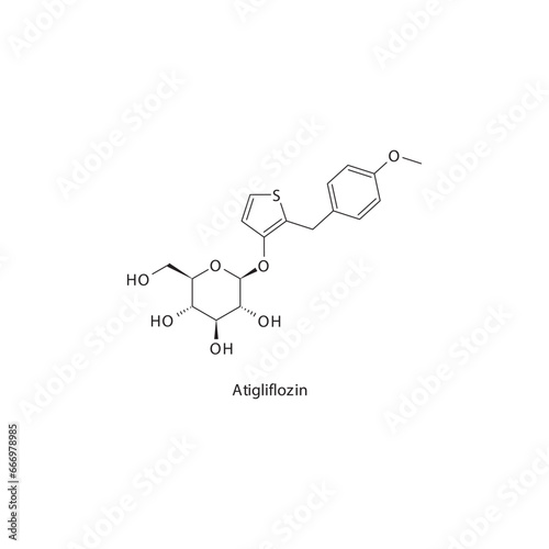 Atigliflozin flat skeletal molecular structure SGLT2 inhibitor drug used in Type 2 diabetes treatment. Vector illustration scientific diagram.