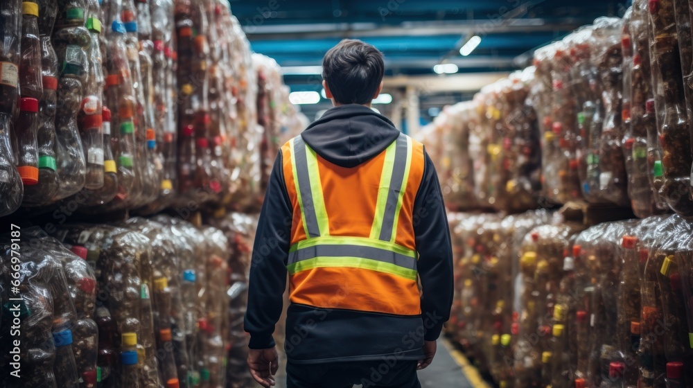 Rear view of male warehouse worker standing in front of shelves full of plastic waste. Recycling.  Waste Processing. Industry Plant for processing plastic. Recycling Concept. Copy Space.