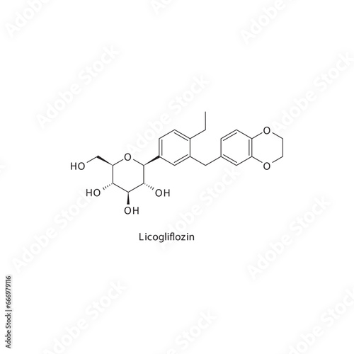Licogliflozin flat skeletal molecular structure SGLT2 inhibitor drug used in Type 2 diabetes treatment. Vector illustration scientific diagram.