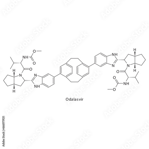 Odalasvir  flat skeletal molecular structure Protease inhibitor antivral, NS5A drug used in Hepatitis C treatment. Vector illustration scientific diagram.
