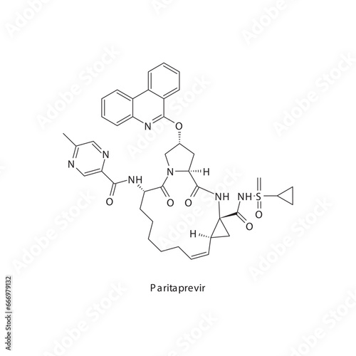 Paritaprevir  flat skeletal molecular structure Protease inhibitor antivral, NS3 4A drug used in Hepatitis C treatment. Vector illustration scientific diagram.