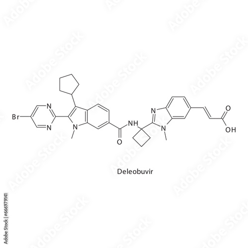 Deleobuvir  flat skeletal molecular structure Protease inhibitor antivral, NS5B drug used in Hepatitis C treatment. Vector illustration scientific diagram.