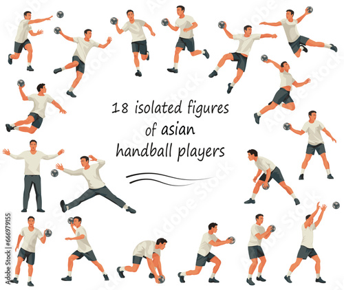 Set of 18 vector isolated figures of Chinese or Vietnamese handball players and keepers team jumping  running  standing in goal in white uniforms