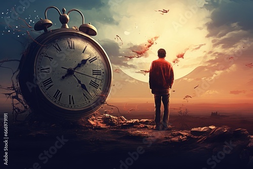 Man in front of big alarm clock. Time is running out concept, Man and woman standing in front of a glass wall with smoke, human kind, by Refik Anadol, AI Generated photo