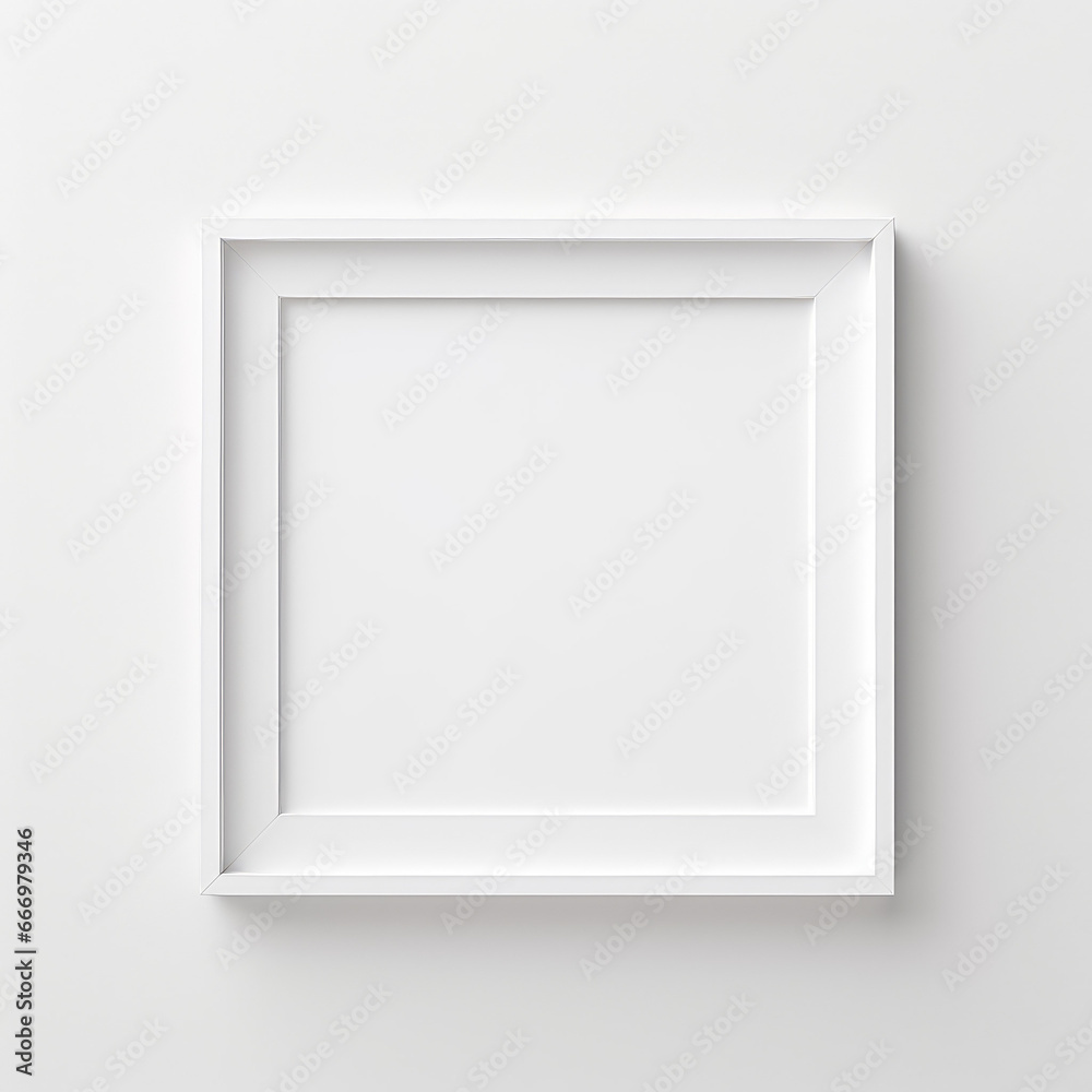 White square photo frame mockup for art, artwork, photo, simple white frame on a white wall White square photo frame mockup for art, artwork, photo, simple white frame on a white wall