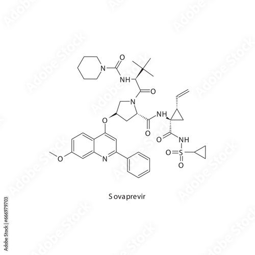 Sovaprevir flat skeletal molecular structure Protease inhibitor antivral, NS3 4A drug used in Hepatitis C treatment. Vector illustration scientific diagram.